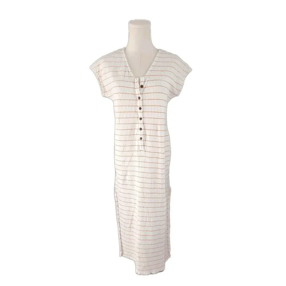 REEF Surf Women’s Striped Waffle Knit Beach Coverup Midi Henley Dress Sz Small